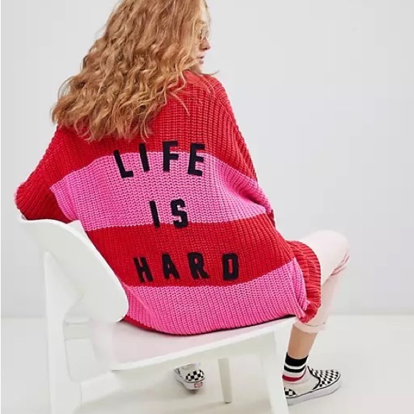 Lazy Oaf Sweaters - RARE Lazy Oaf Life is Hard Pink Red Button Cardigan M/L
